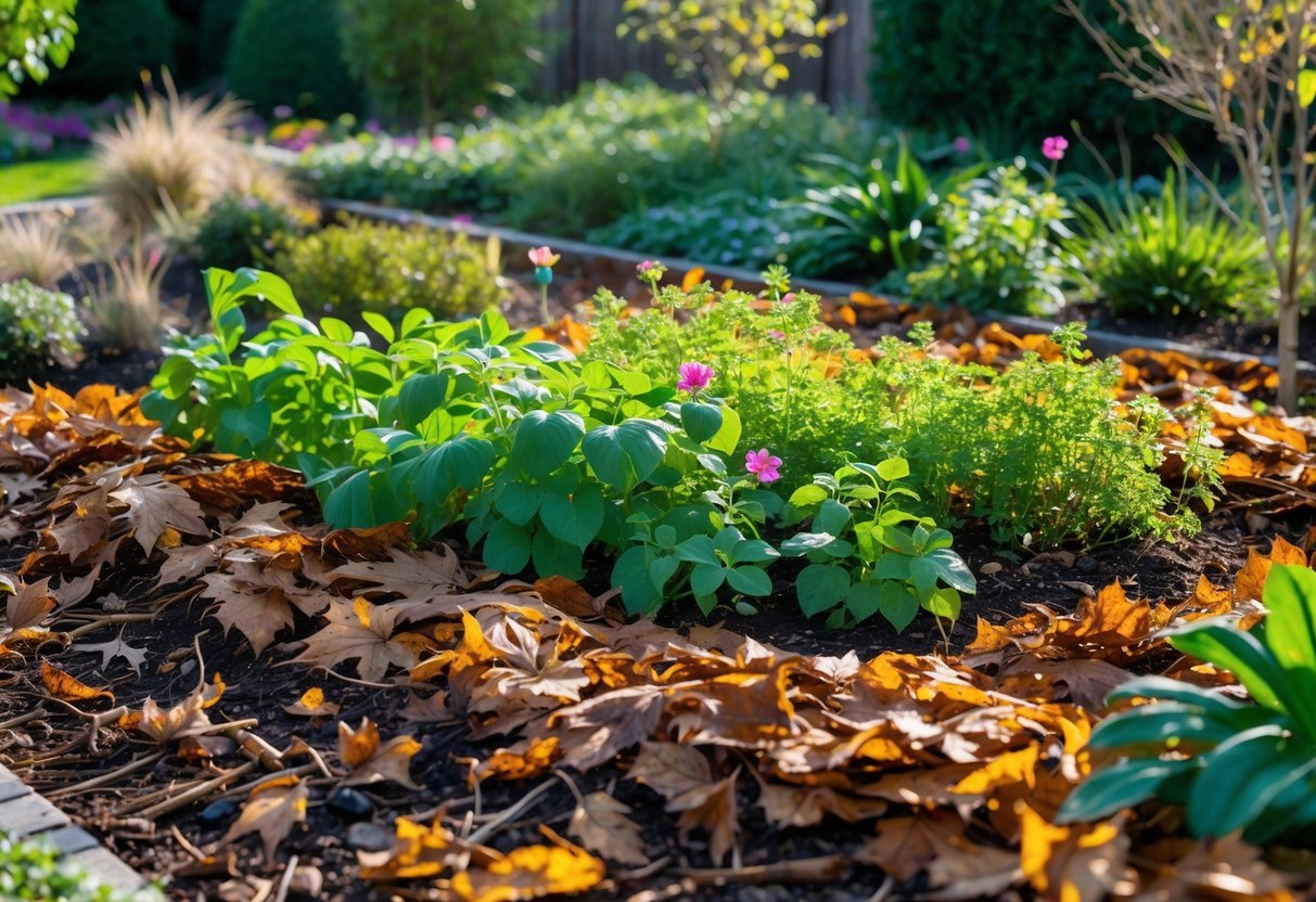 29+ Garden Ideas Using Fallen Leaves: Creative Ways for US Homeowners to Enhance Their Outdoor Spaces 14 A garden bed covered with fallen leaves used as mulch, with green plants growing through it under natural sunlight.