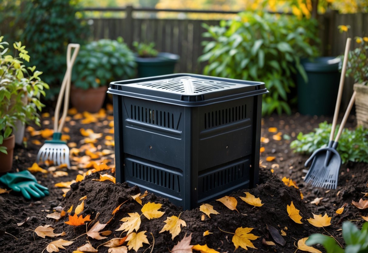 29+ Garden Ideas Using Fallen Leaves: Creative Ways for US Homeowners to Enhance Their Outdoor Spaces 15 A worm composting bin in a garden surrounded by fallen autumn leaves and gardening tools.