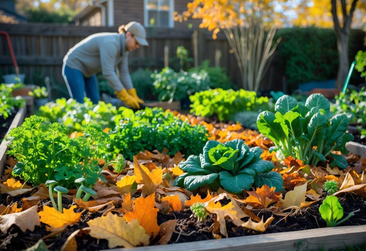 29+ Garden Ideas Using Fallen Leaves: Creative Ways for US Homeowners to Enhance Their Outdoor Spaces 16 A garden bed covered with fallen leaves where vegetables grow, with a person tending the plants outdoors.