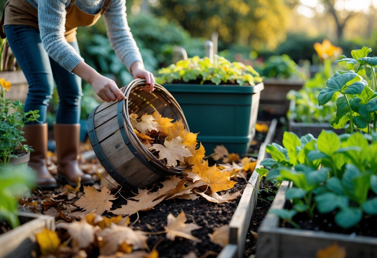 29+ Garden Ideas Using Fallen Leaves: Creative Ways for US Homeowners to Enhance Their Outdoor Spaces 17 Hands collecting fallen leaves in a basket next to a compost bin in a garden with green plants and garden tools.