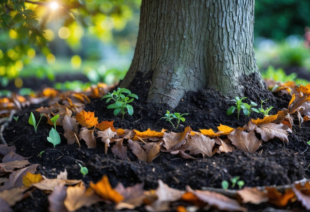29+ Garden Ideas Using Fallen Leaves: Creative Ways for US Homeowners to Enhance Their Outdoor Spaces 18 Close-up of a tree trunk surrounded by soil enriched with fallen leaves arranged in rings, with small plants growing nearby in a garden.