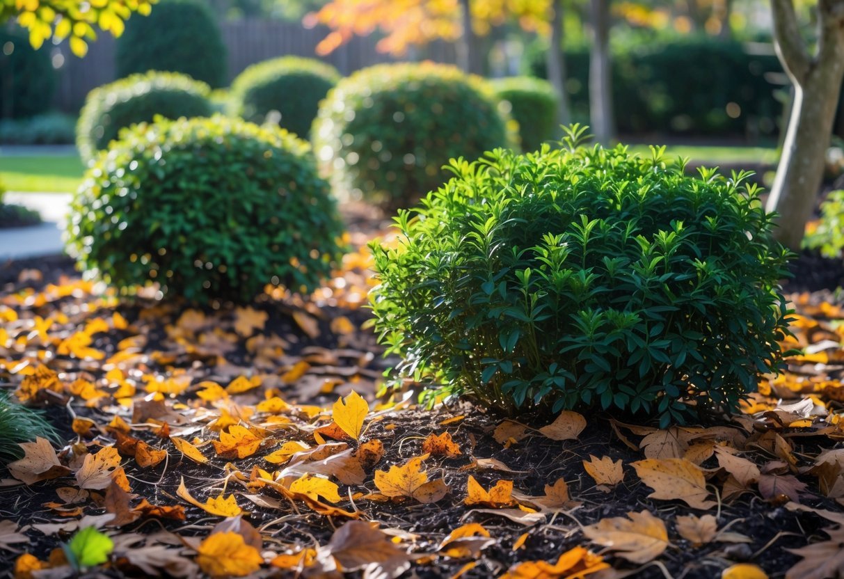 29+ Garden Ideas Using Fallen Leaves: Creative Ways for US Homeowners to Enhance Their Outdoor Spaces 19 Shrubs in a garden surrounded by mulch made of fallen autumn leaves.