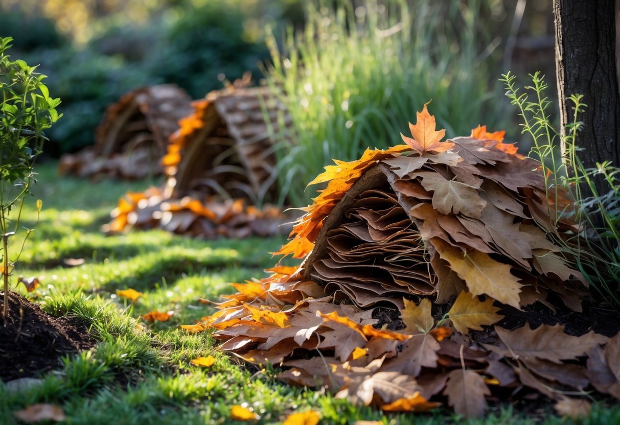 29+ Garden Ideas Using Fallen Leaves: Creative Ways for US Homeowners to Enhance Their Outdoor Spaces 20 A garden scene with fallen leaves arranged into small shelters for wildlife among plants and grass.