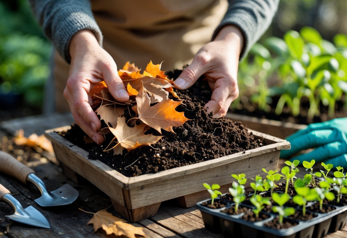 29+ Garden Ideas Using Fallen Leaves: Creative Ways for US Homeowners to Enhance Their Outdoor Spaces 21 Close-up of hands mixing fallen leaves into soil with small seedlings and gardening tools on a wooden table.