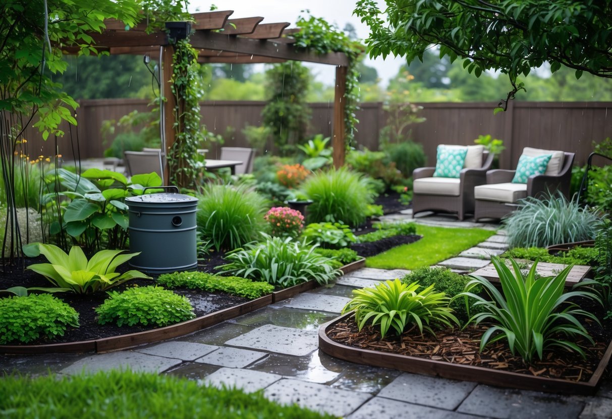 17+ Rain Resistant Garden Ideas: Expert Tips to Keep Your US Garden Thriving Year-Round 2 A rain-resistant garden with hardy plants, raised beds, stone pathways, rainwater harvesting features, and weather-resistant outdoor furniture after rainfall.