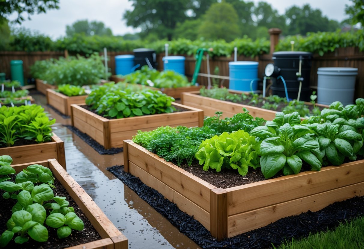 17+ Rain Resistant Garden Ideas: Expert Tips to Keep Your US Garden Thriving Year-Round 3 Outdoor garden with multiple wooden raised beds filled with healthy vegetables and herbs, wet from recent rain, with rainwater barrels and irrigation system nearby.