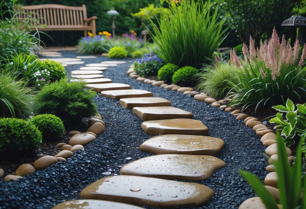 17+ Rain Resistant Garden Ideas: Expert Tips to Keep Your US Garden Thriving Year-Round 4 A winding gravel and stone pathway in a garden with green plants and flowers, wet from recent rain.