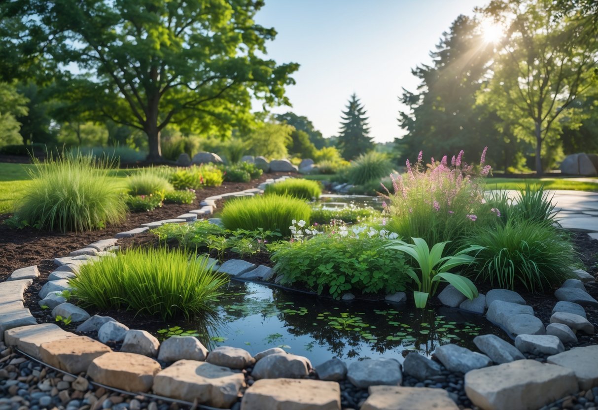 17+ Rain Resistant Garden Ideas: Expert Tips to Keep Your US Garden Thriving Year-Round 5 A rain garden with diverse plants and moist soil designed to collect and absorb rainwater surrounded by natural stone borders and trees.