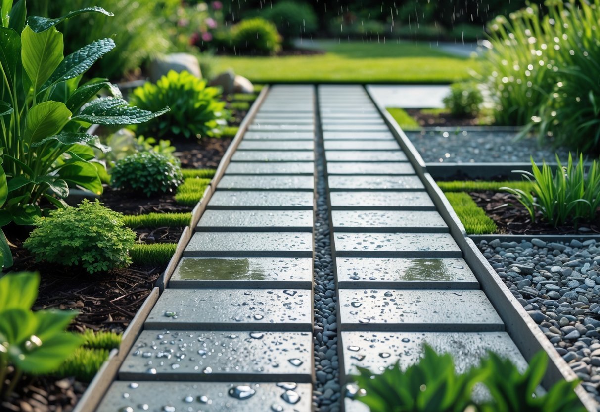17+ Rain Resistant Garden Ideas: Expert Tips to Keep Your US Garden Thriving Year-Round 6 A garden pathway made of permeable pavers surrounded by green plants and shrubs with water droplets visible after rain.
