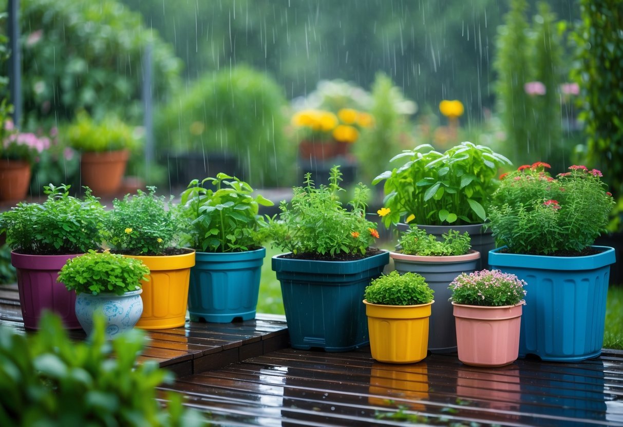 17+ Rain Resistant Garden Ideas: Expert Tips to Keep Your US Garden Thriving Year-Round 8 A variety of rain-resistant container plants arranged on a wooden deck and stone patio with water droplets on leaves and containers after rain.