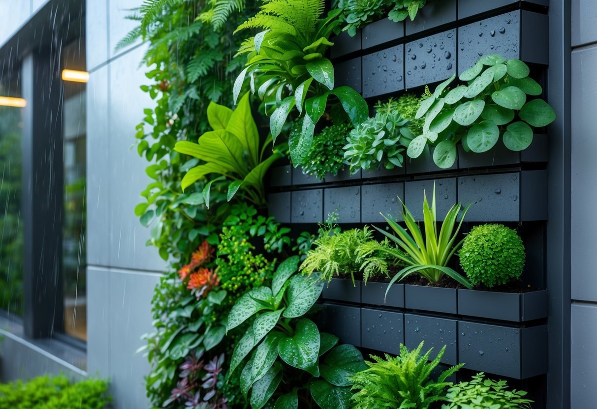 17+ Rain Resistant Garden Ideas: Expert Tips to Keep Your US Garden Thriving Year-Round 9 A vertical garden with various green plants on a building wall during light rain.
