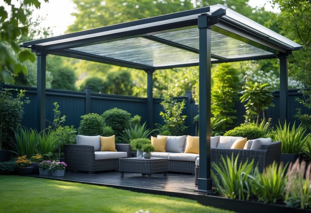A covered pergola with a waterproof roof in a green garden with outdoor seating underneath.