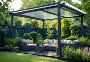 A covered pergola with a waterproof roof in a green garden with outdoor seating underneath.