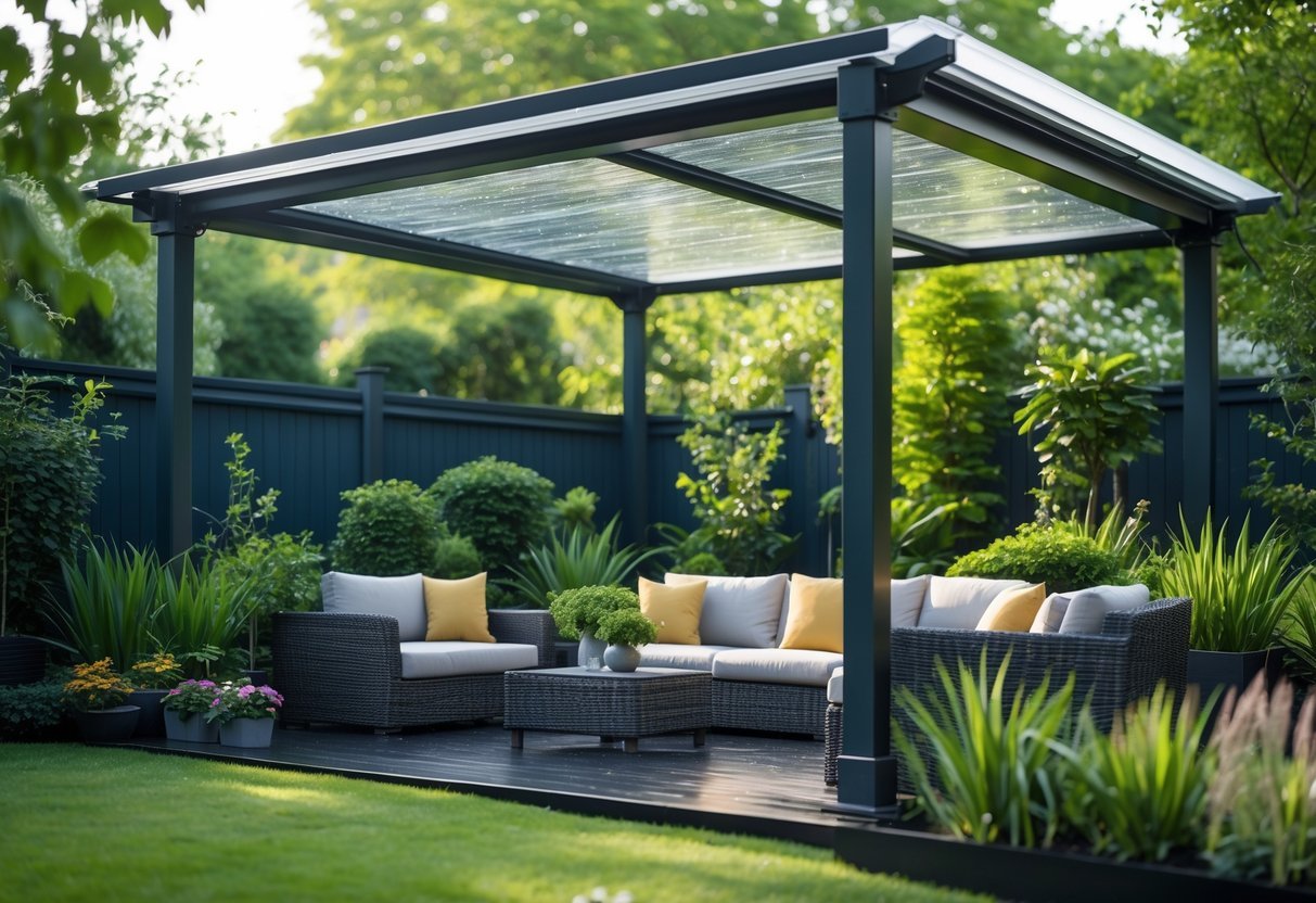17+ Rain Resistant Garden Ideas: Expert Tips to Keep Your US Garden Thriving Year-Round 10 A covered pergola with a waterproof roof in a green garden with outdoor seating underneath.