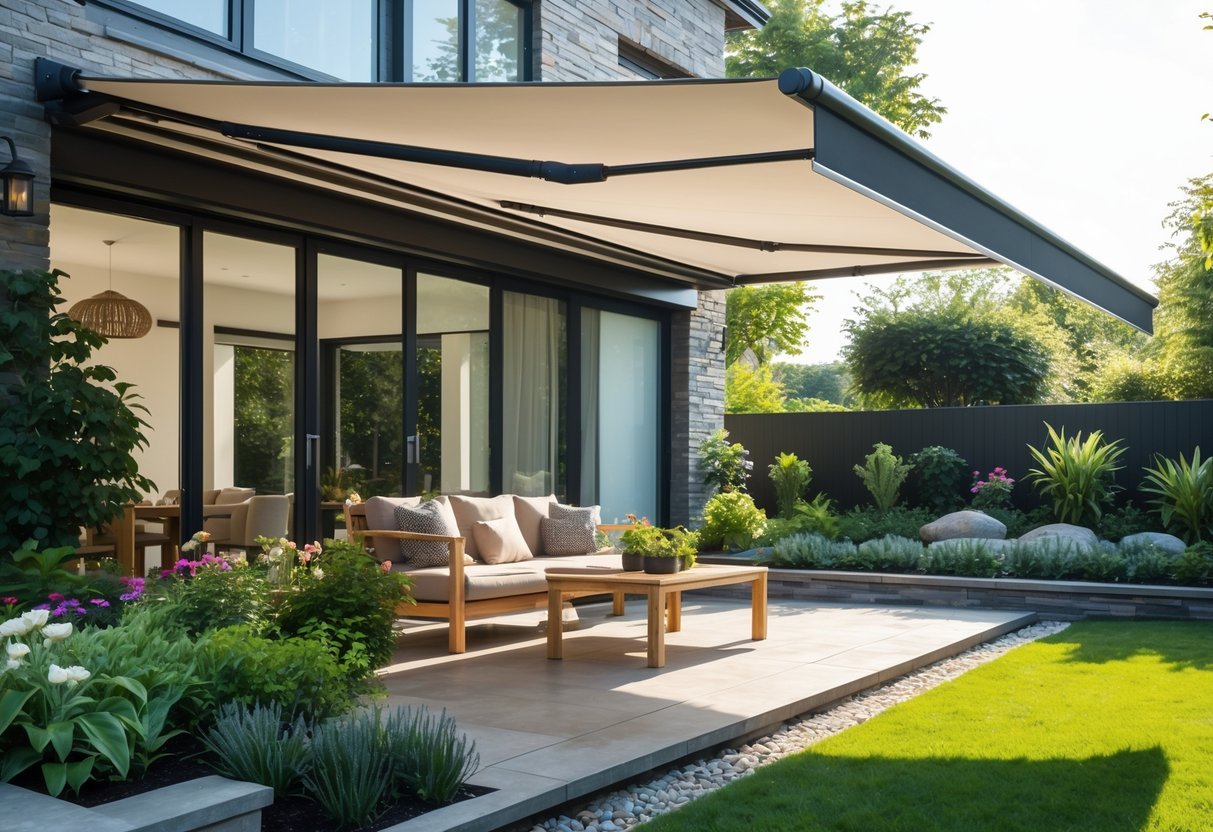 17+ Rain Resistant Garden Ideas: Expert Tips to Keep Your US Garden Thriving Year-Round 11 A garden with retractable awnings extended over an outdoor seating area surrounded by green plants and flowers.