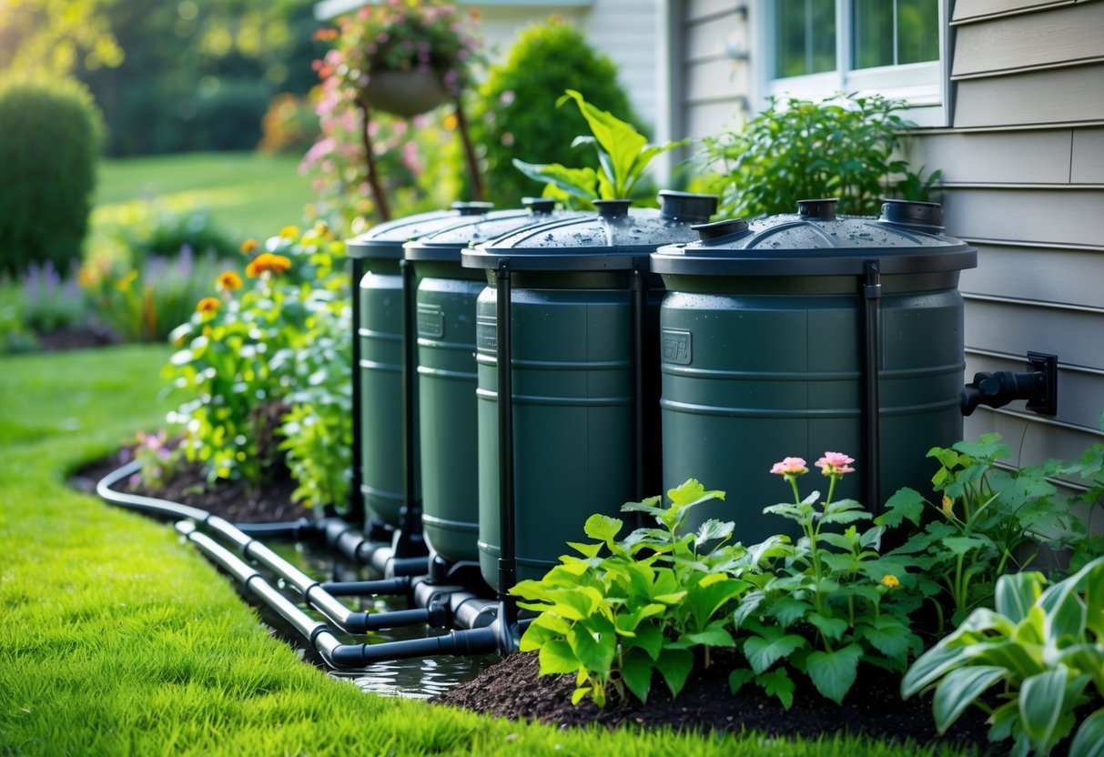 17+ Rain Resistant Garden Ideas: Expert Tips to Keep Your US Garden Thriving Year-Round 12 A garden with multiple rain barrels connected by an overflow system beside a house, surrounded by green plants and flowers.