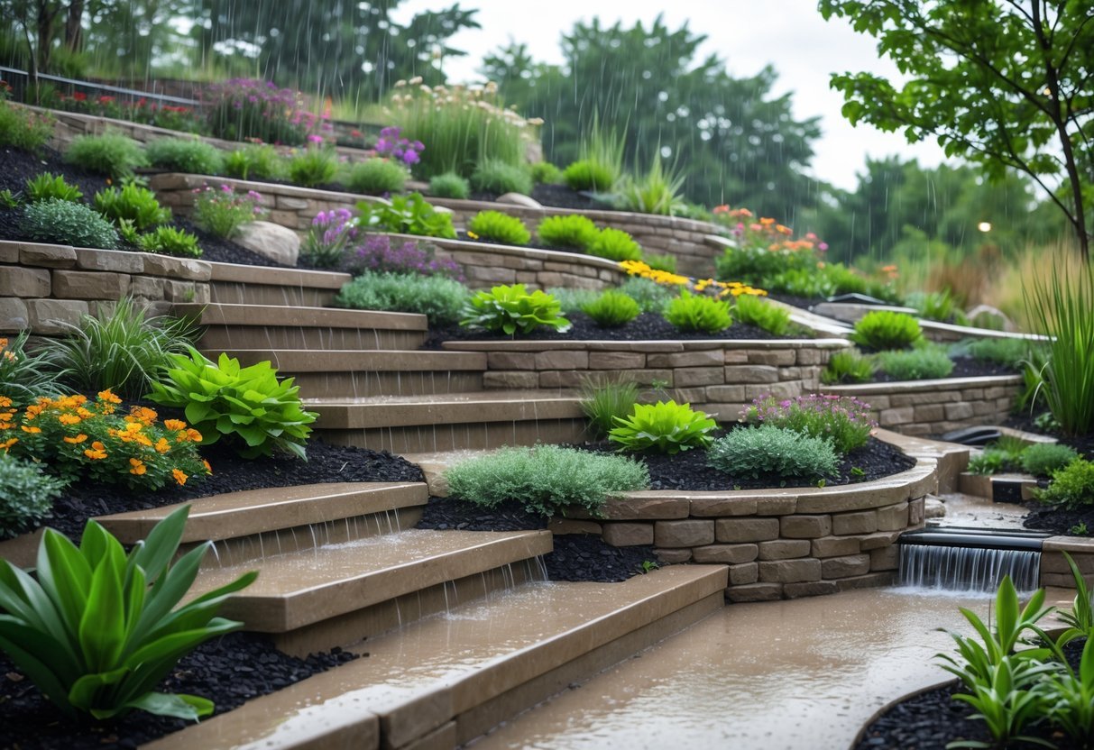 17+ Rain Resistant Garden Ideas: Expert Tips to Keep Your US Garden Thriving Year-Round 13 A sloped garden with terraced plants, stone retaining walls, and rain droplets on leaves and stones.