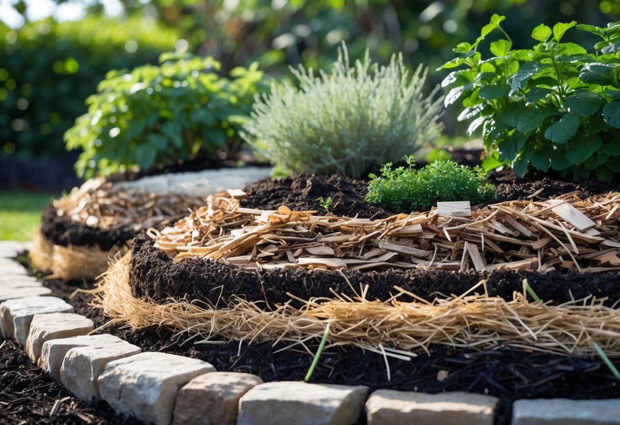 17+ Rain Resistant Garden Ideas: Expert Tips to Keep Your US Garden Thriving Year-Round 15 A garden bed with layered mulch around green plants and shrubs, showing healthy soil and natural stone edging.