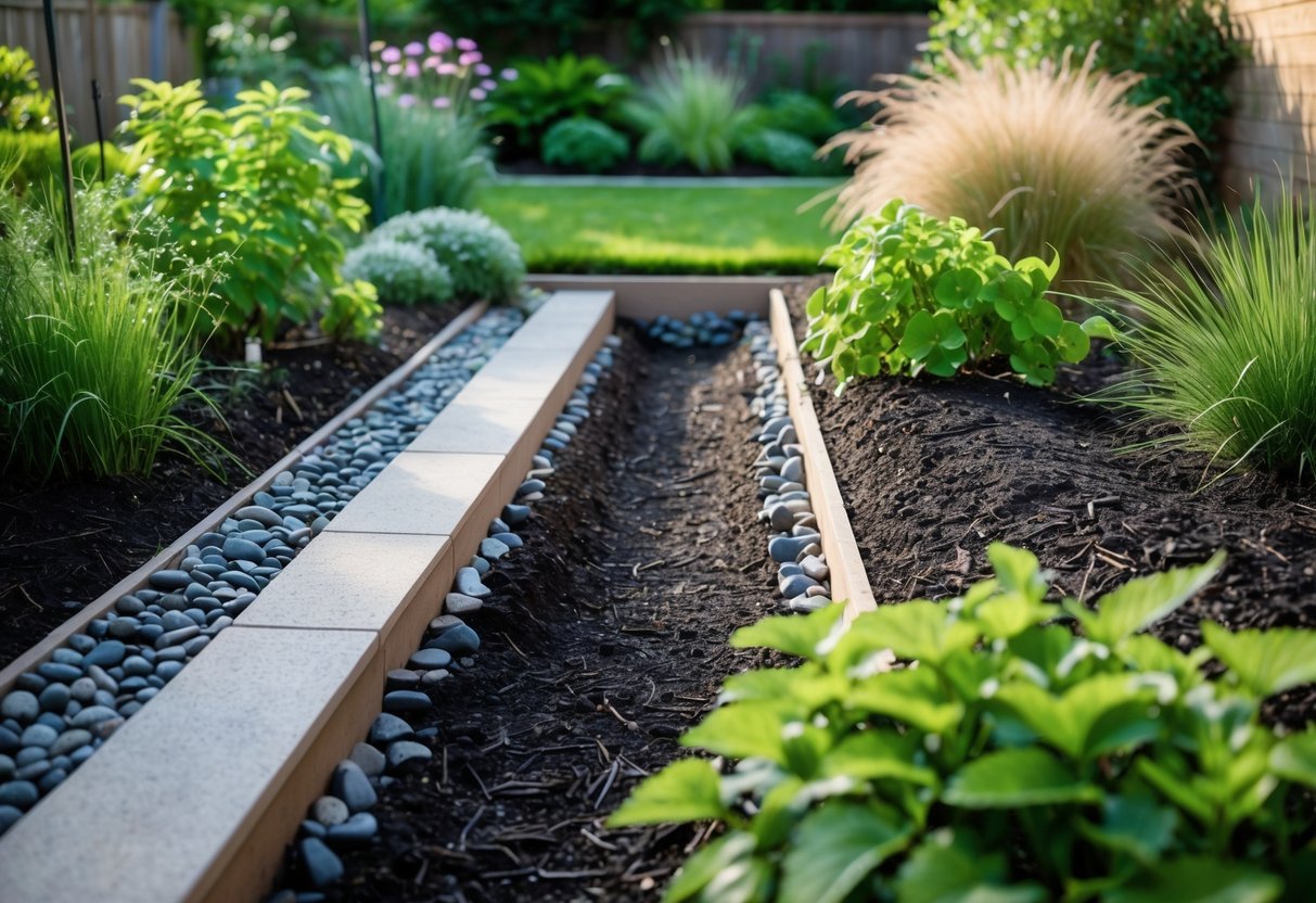 17+ Rain Resistant Garden Ideas: Expert Tips to Keep Your US Garden Thriving Year-Round 16 A garden with rain-resistant plants and clean drainage ditches lined with stones, directing water away from garden beds.