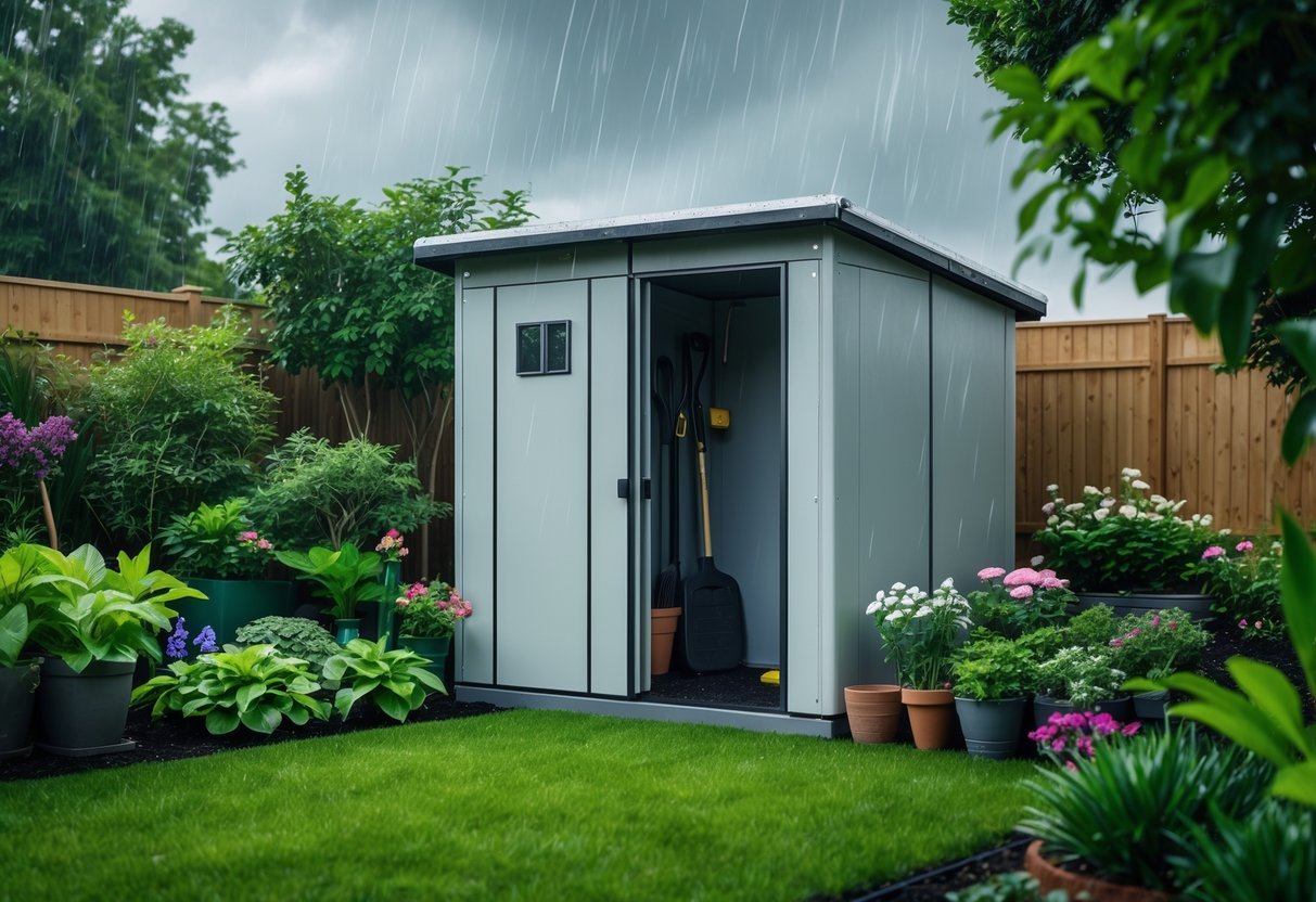 17+ Rain Resistant Garden Ideas: Expert Tips to Keep Your US Garden Thriving Year-Round 17 A rain-resistant storage shed in a garden surrounded by plants and grass with raindrops falling.