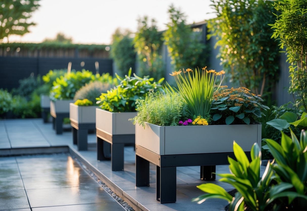 17+ Rain Resistant Garden Ideas: Expert Tips to Keep Your US Garden Thriving Year-Round 18 Outdoor garden with elevated planters on stilts filled with green plants and flowers.