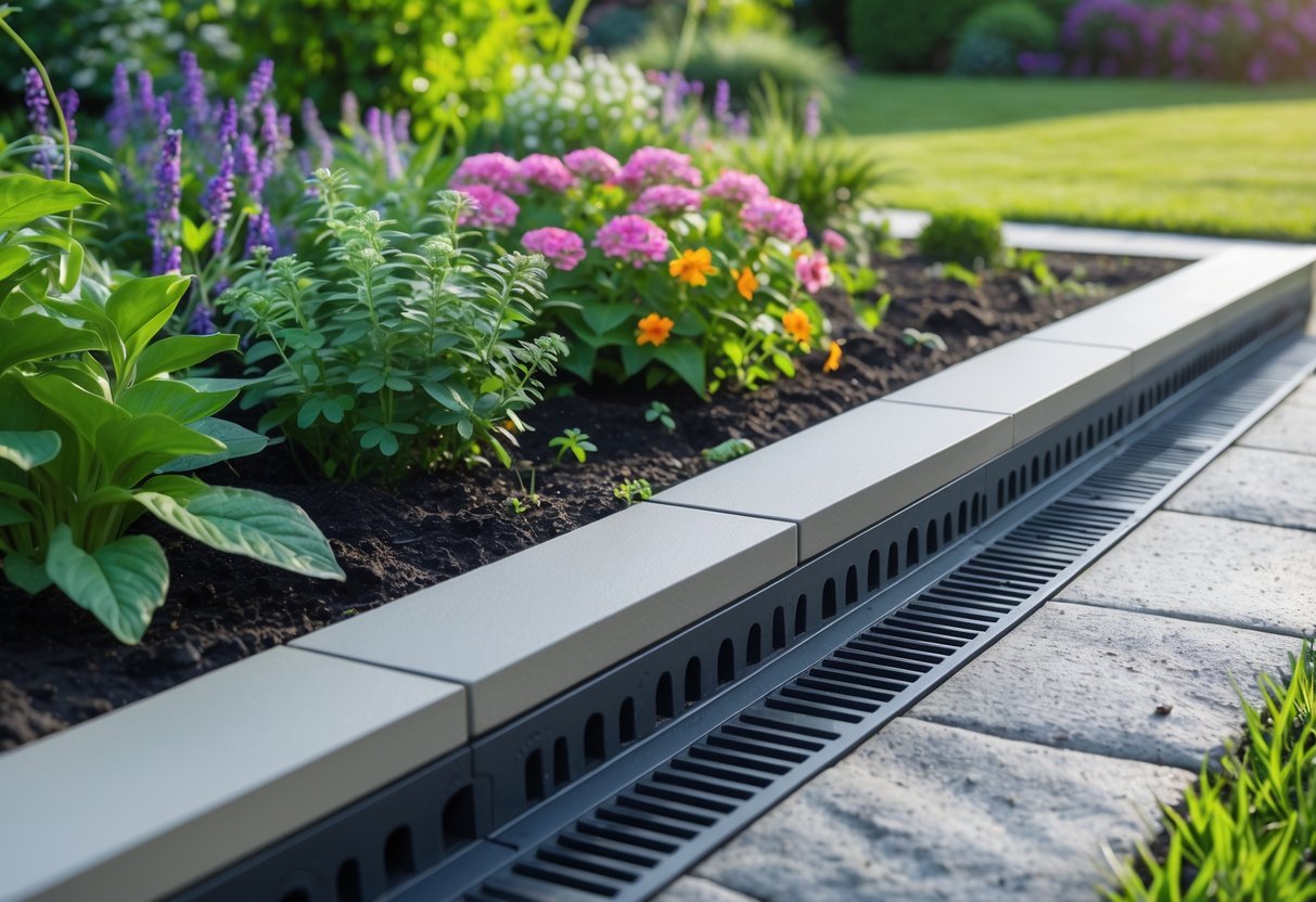 17+ Rain Resistant Garden Ideas: Expert Tips to Keep Your US Garden Thriving Year-Round 19 A garden with stone edging that has built-in drainage next to a flower bed with colorful plants and green grass.