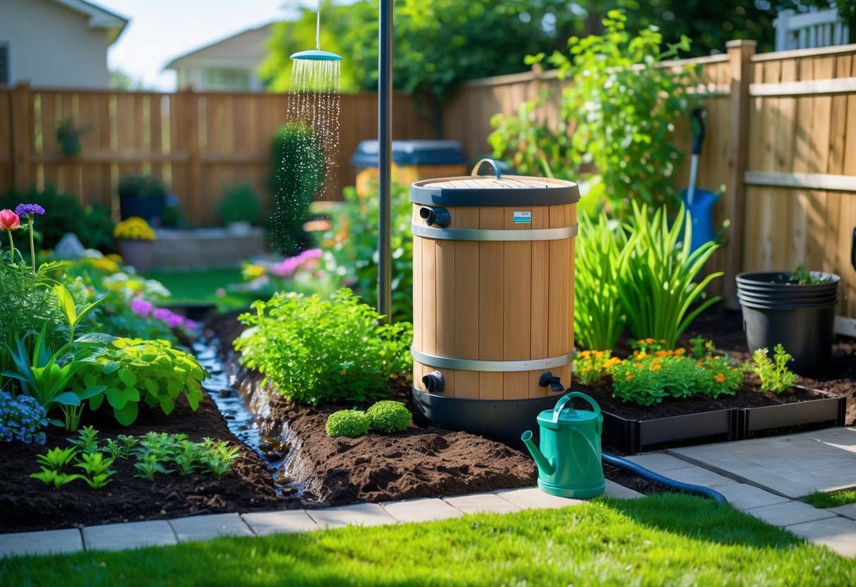 21+ Rain Barrel Garden Ideas to Maximize Water Efficiency in US Yards 2 A garden with a rain barrel collecting water next to colorful plants and flowers in a sunny backyard.