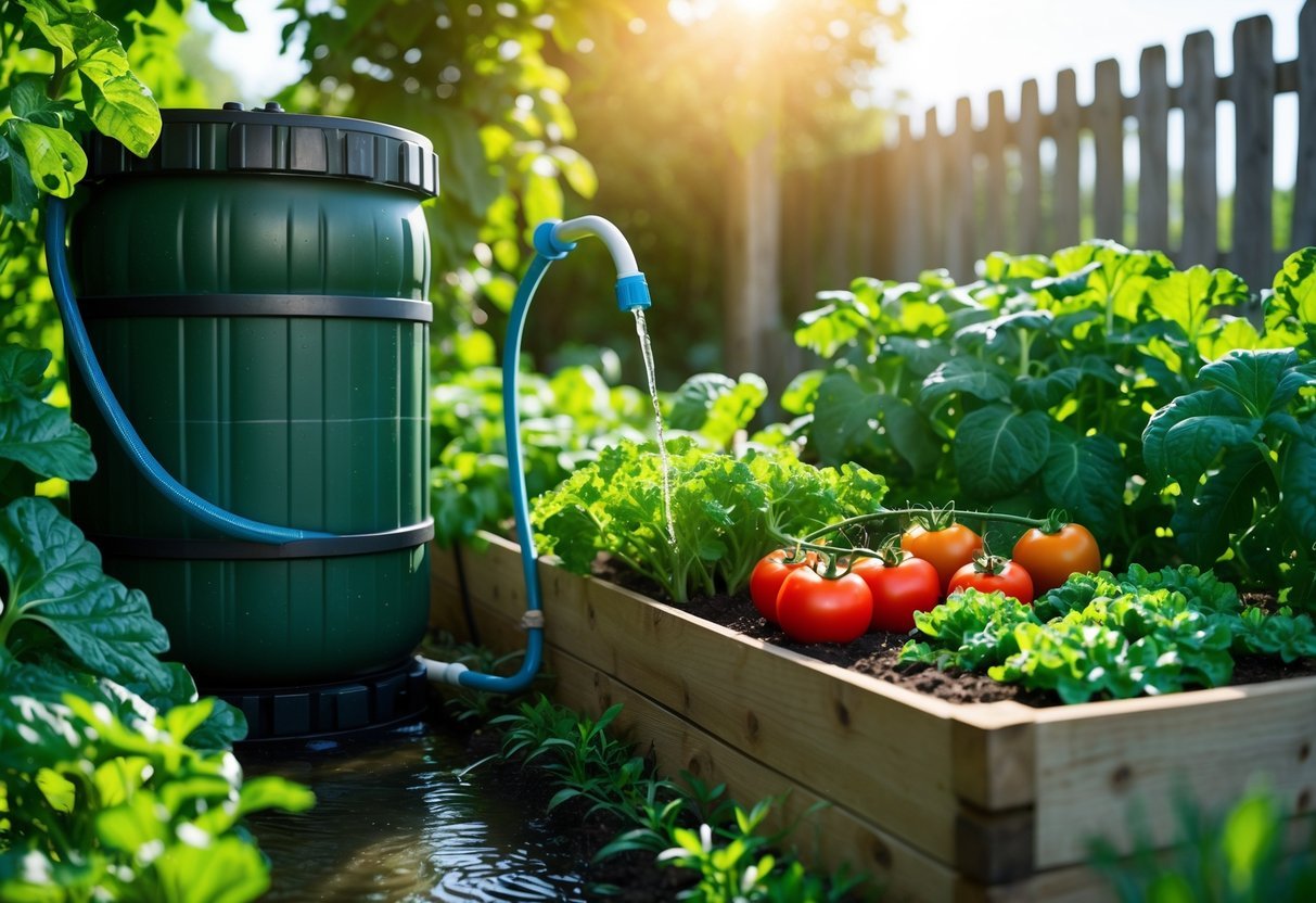 21+ Rain Barrel Garden Ideas to Maximize Water Efficiency in US Yards 3 A rain barrel connected to a drip irrigation system watering a vegetable garden with tomatoes, lettuce, and peppers under sunlight.