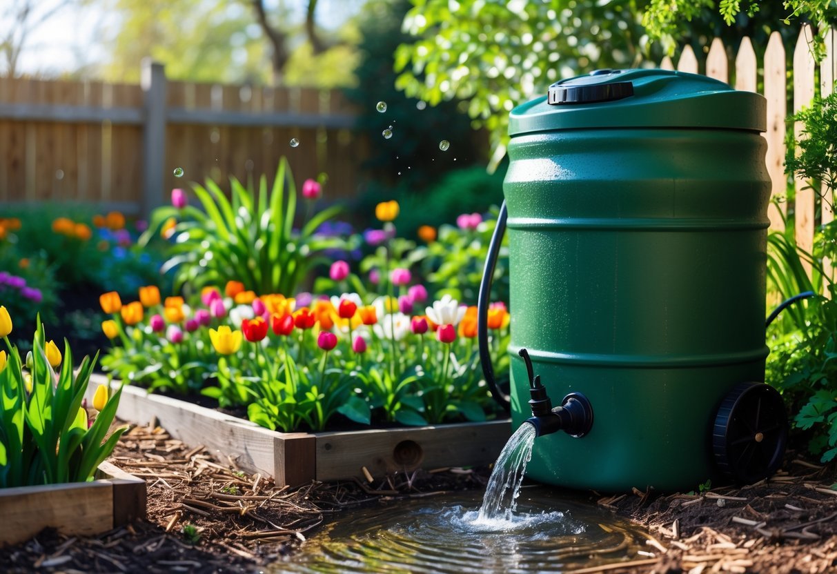 21+ Rain Barrel Garden Ideas to Maximize Water Efficiency in US Yards 4 A rain barrel watering colorful flower beds in a garden with green plants and a wooden fence in the background.