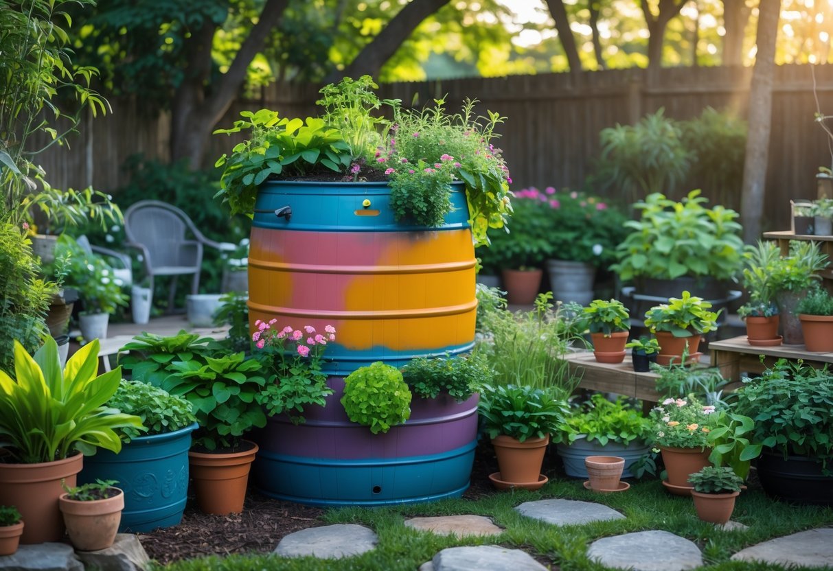 21+ Rain Barrel Garden Ideas to Maximize Water Efficiency in US Yards 5 A colorful rain barrel converted into a planter filled with green plants and flowers in a sunny backyard garden.