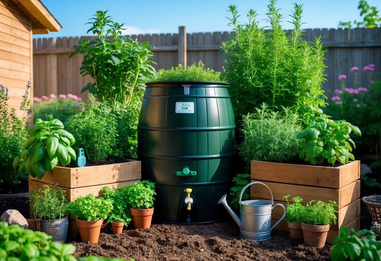 21+ Rain Barrel Garden Ideas to Maximize Water Efficiency in US Yards 6 A rain barrel surrounded by various herb plants growing in a backyard garden with a wooden fence in the background.