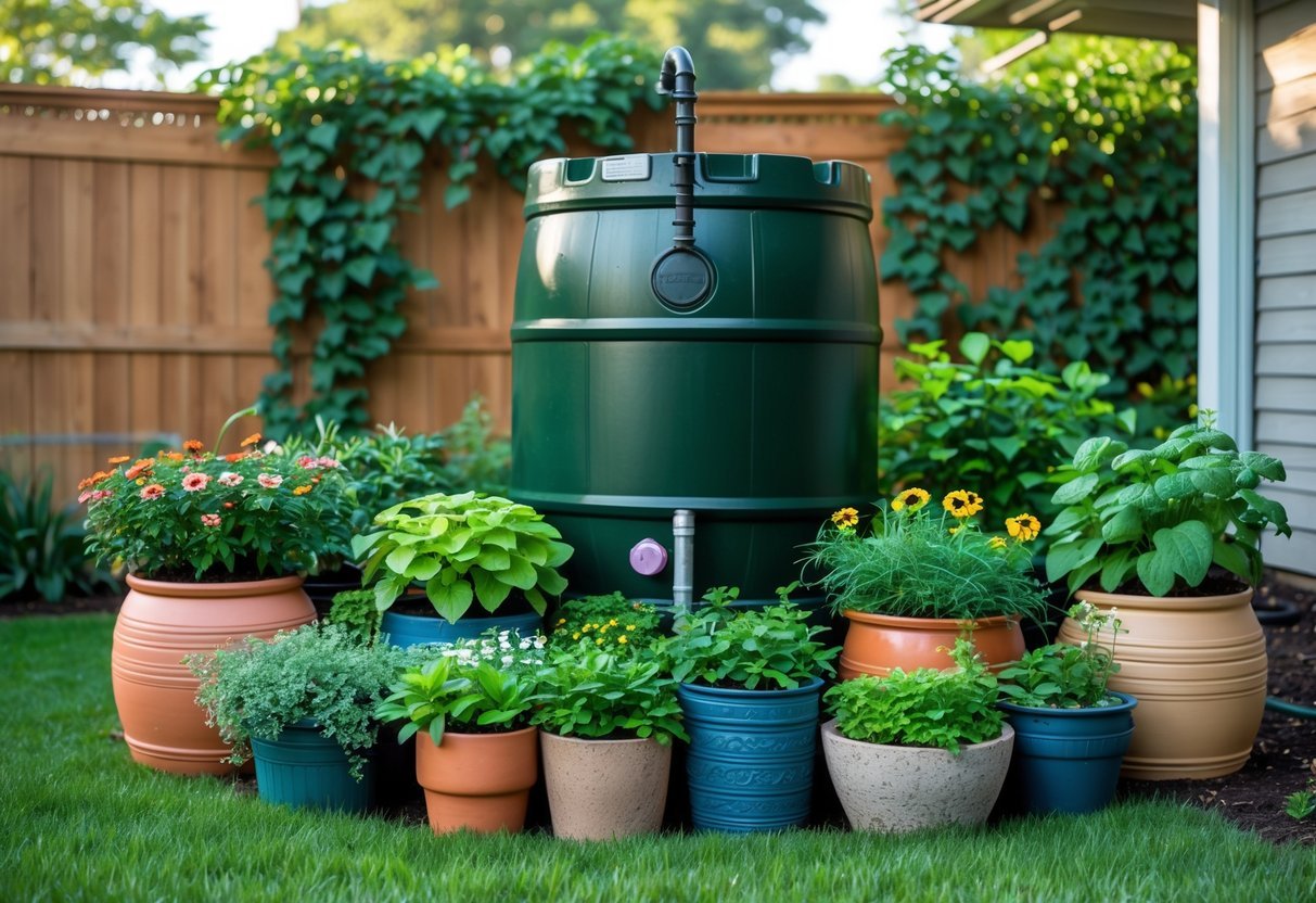 21+ Rain Barrel Garden Ideas to Maximize Water Efficiency in US Yards 7 A rain barrel surrounded by various container plants including flowers and herbs in a backyard garden.
