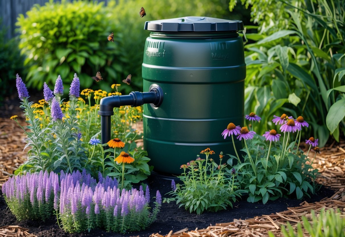 21+ Rain Barrel Garden Ideas to Maximize Water Efficiency in US Yards 8 A rain barrel surrounded by a colorful garden full of blooming flowers with bees and butterflies flying around.