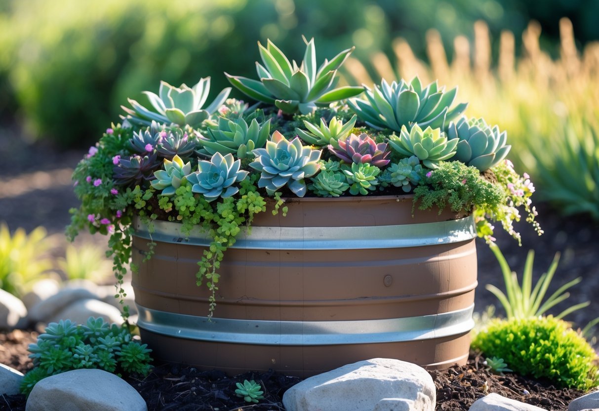 21+ Rain Barrel Garden Ideas to Maximize Water Efficiency in US Yards 9 A rain barrel repurposed as a planter filled with various colorful succulents in an outdoor garden.