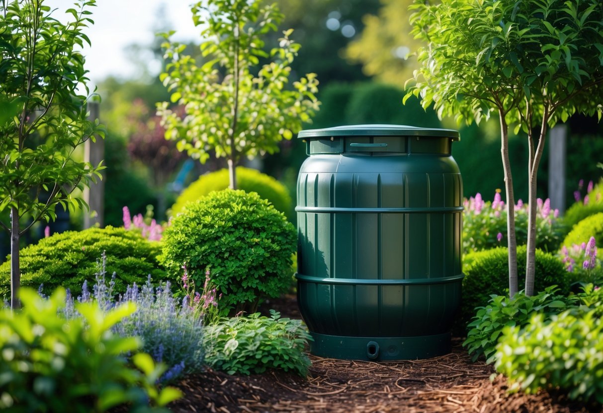 21+ Rain Barrel Garden Ideas to Maximize Water Efficiency in US Yards 10 A rain barrel surrounded by green shrubs and small trees in a garden setting.