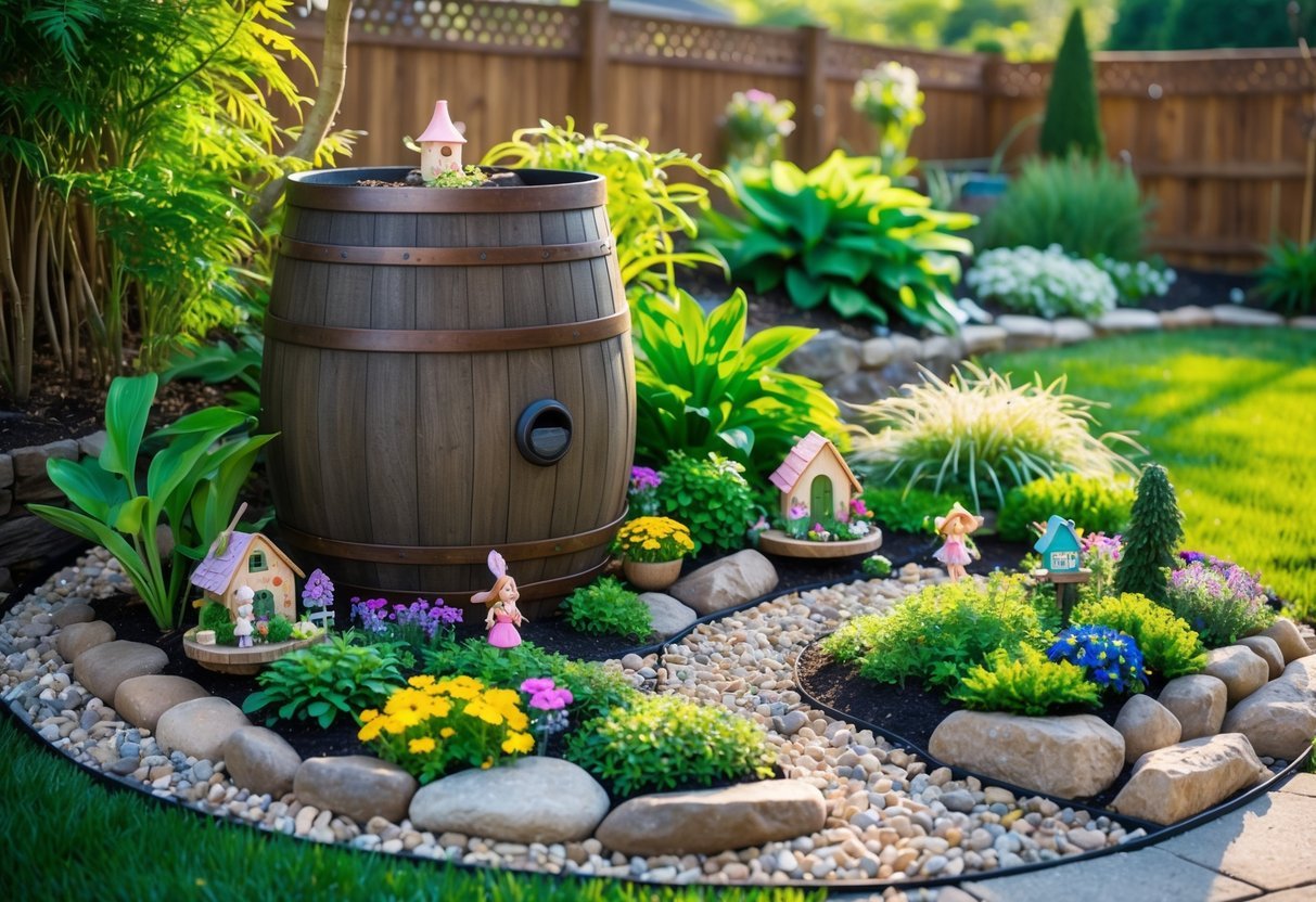 21+ Rain Barrel Garden Ideas to Maximize Water Efficiency in US Yards 11 A rain barrel surrounded by a lush garden with colorful flowers and miniature fairy garden decorations including tiny houses and figurines.