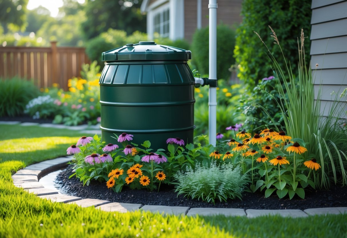 21+ Rain Barrel Garden Ideas to Maximize Water Efficiency in US Yards 12 A rain barrel next to a colorful rain garden with flowering plants and greenery in a backyard.
