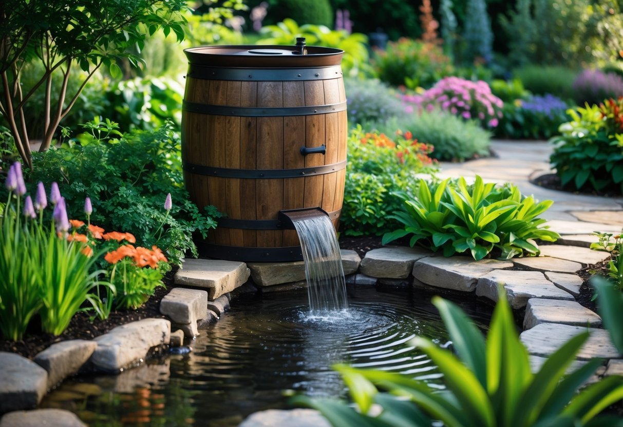 21+ Rain Barrel Garden Ideas to Maximize Water Efficiency in US Yards 13 A rain barrel water feature in a garden with green plants, colorful flowers, and water flowing into a small pond.