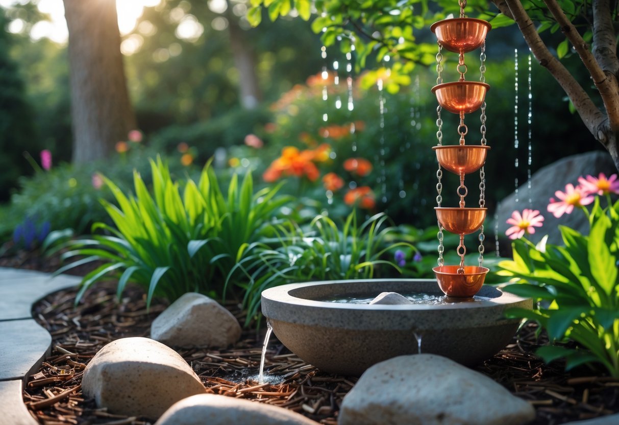 22+ Rain Chain Garden Ideas: Stunning Designs to Elevate Your Outdoor Space in the US 2 A garden with a copper rain chain leading water into a stone basin surrounded by green plants and flowers.