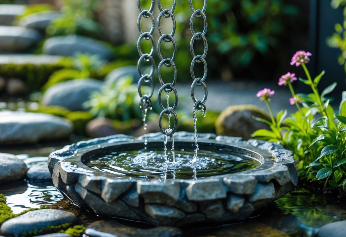 22+ Rain Chain Garden Ideas: Stunning Designs to Elevate Your Outdoor Space in the US 3 A rain chain directing water into a decorative rock basin surrounded by green plants in a garden.