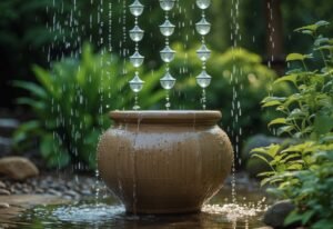 A rain chain directing water into a ceramic pot surrounded by garden plants.