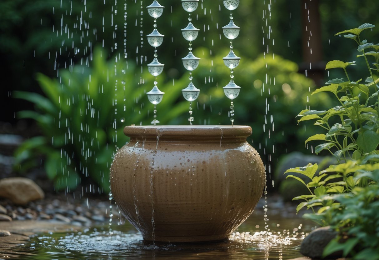 22+ Rain Chain Garden Ideas: Stunning Designs to Elevate Your Outdoor Space in the US 4 A rain chain directing water into a ceramic pot surrounded by garden plants.
