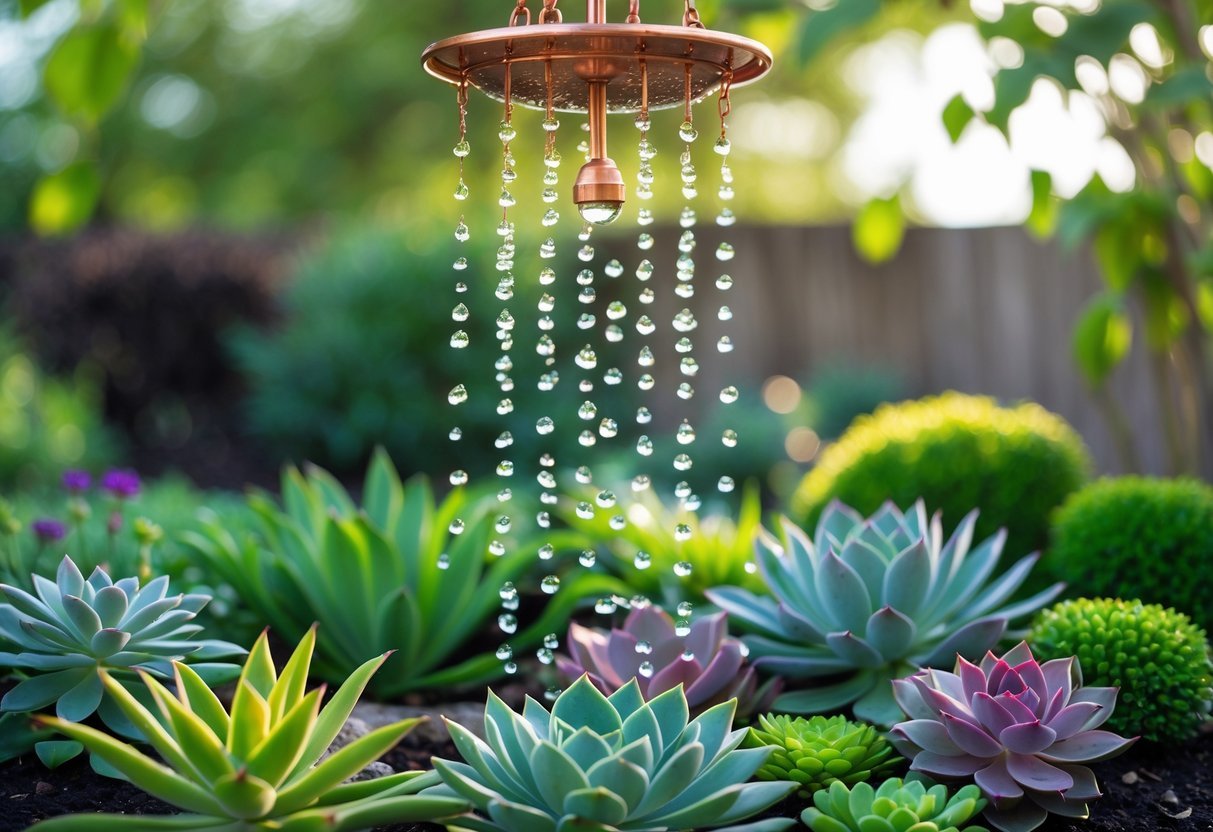 22+ Rain Chain Garden Ideas: Stunning Designs to Elevate Your Outdoor Space in the US 5 Copper rain chain with water flowing down above a garden bed of green and purple succulents.