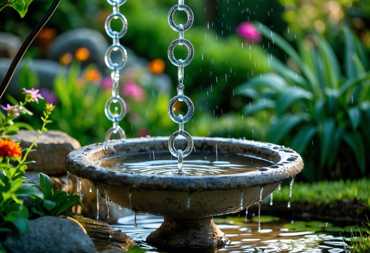 22+ Rain Chain Garden Ideas: Stunning Designs to Elevate Your Outdoor Space in the US 6 A rain chain flowing water into a bird bath surrounded by plants and flowers in a garden.