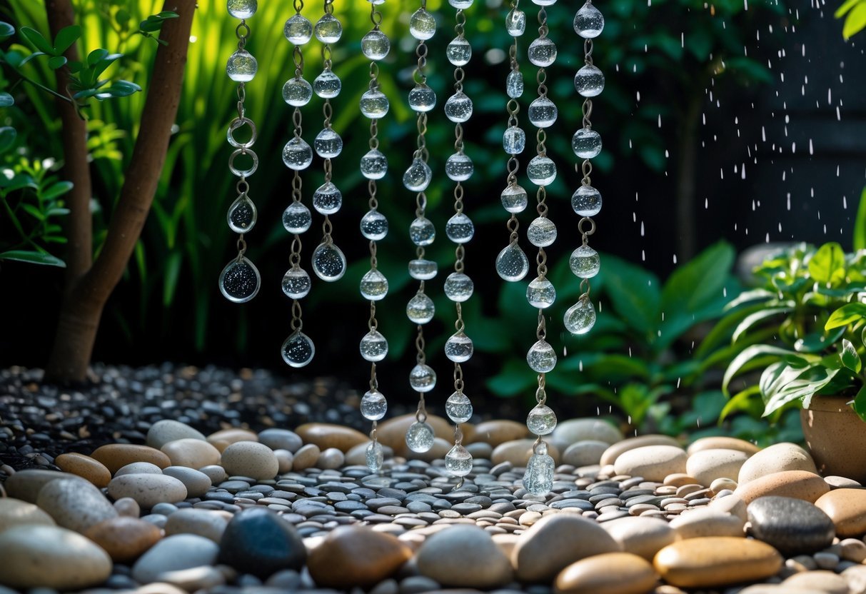 22+ Rain Chain Garden Ideas: Stunning Designs to Elevate Your Outdoor Space in the US 7 A rain chain hanging above a pebble mosaic garden with green plants in the background.