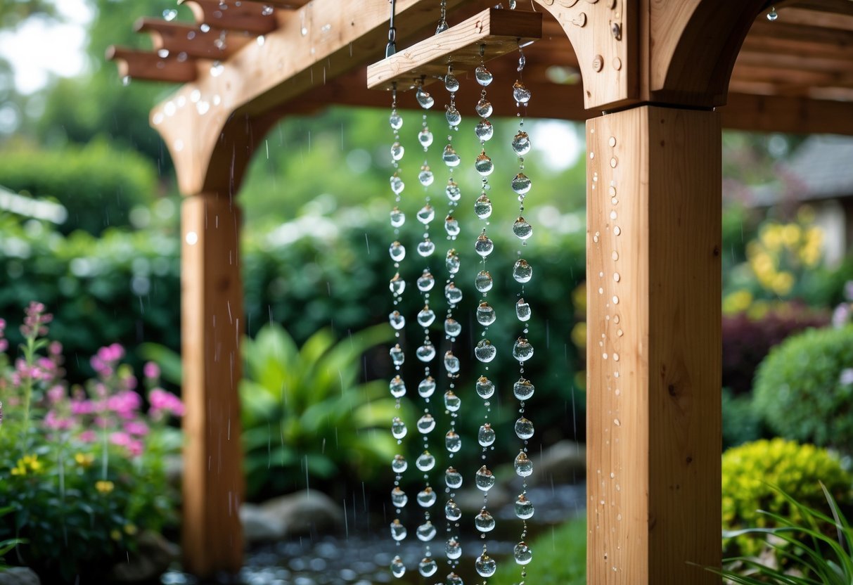 22+ Rain Chain Garden Ideas: Stunning Designs to Elevate Your Outdoor Space in the US 8 Rain chain hanging from the corner of a wooden pergola in a garden with green plants and flowers.