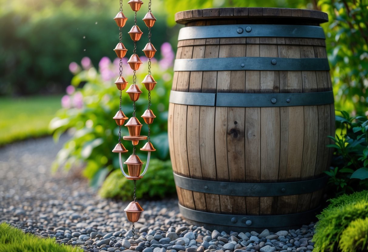 22+ Rain Chain Garden Ideas: Stunning Designs to Elevate Your Outdoor Space in the US 9 A rain chain hanging over a wooden wine barrel used to collect water in a garden surrounded by green plants.