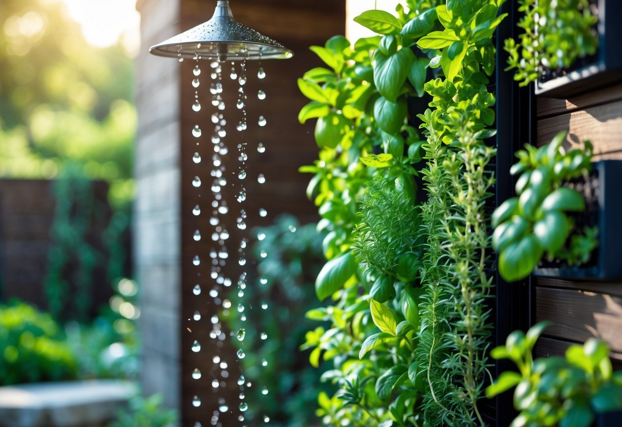 22+ Rain Chain Garden Ideas: Stunning Designs to Elevate Your Outdoor Space in the US 11 A rain chain hanging next to a vertical herb garden with various green herbs growing on a wooden wall outdoors.