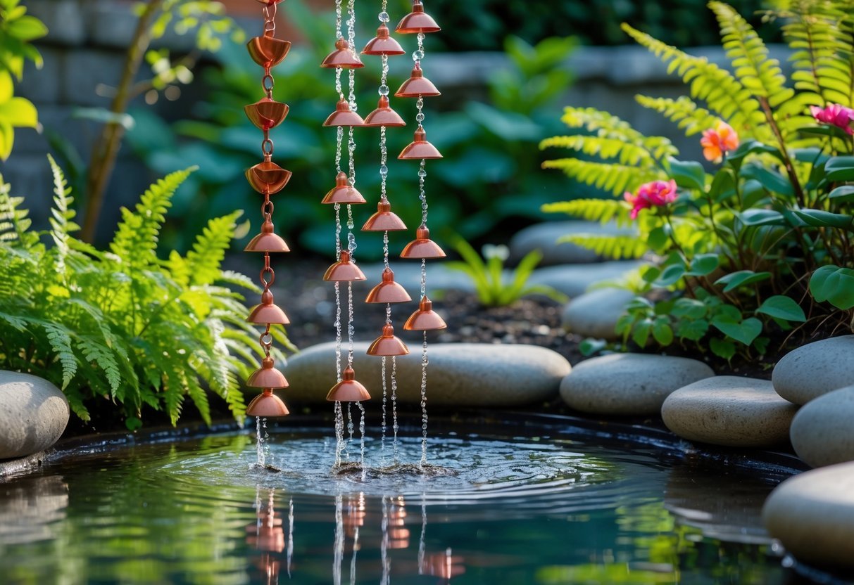 22+ Rain Chain Garden Ideas: Stunning Designs to Elevate Your Outdoor Space in the US 12 A rain chain directing water into a small pond surrounded by green plants and stones in a garden.