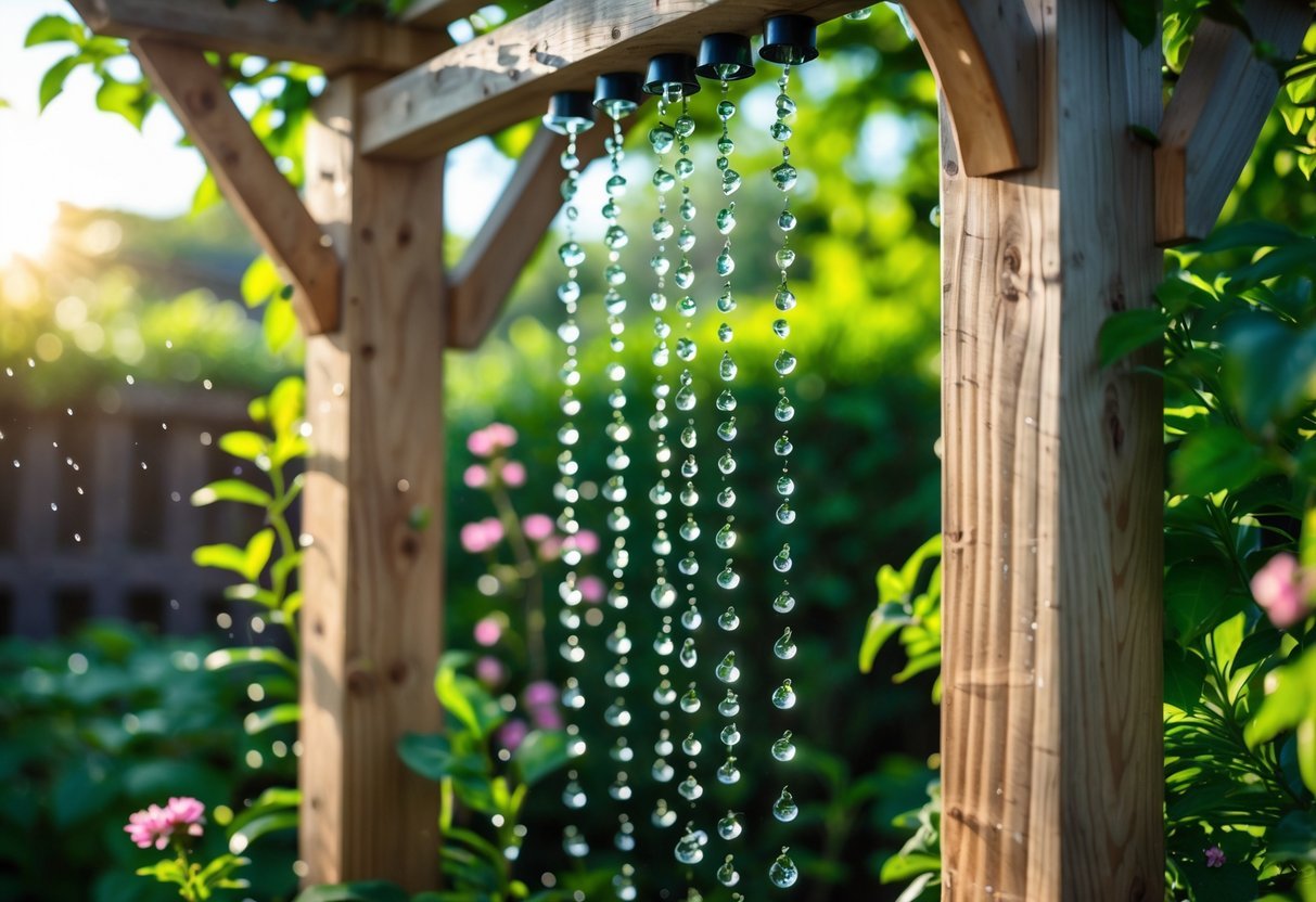 22+ Rain Chain Garden Ideas: Stunning Designs to Elevate Your Outdoor Space in the US 13 A rain chain hanging through a wooden trellis with water droplets flowing down, surrounded by green plants in a garden.